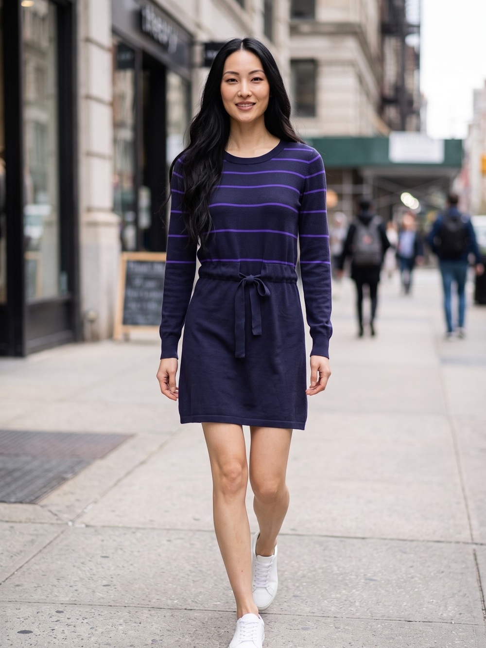 Theory Navy Knit Mini Dress with Purple Stripes